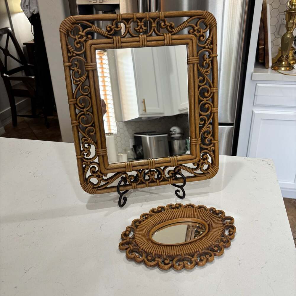 Vintage Syroco Faux Bamboo and Rattan Wall Mirror Set of 2